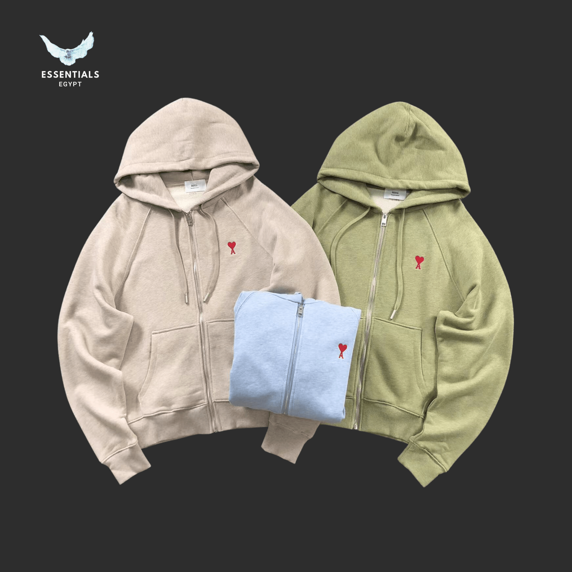 AMI Paris Hoodie – Washed Zip - Up with Heart Logo - ESSENTIALS EGYPT