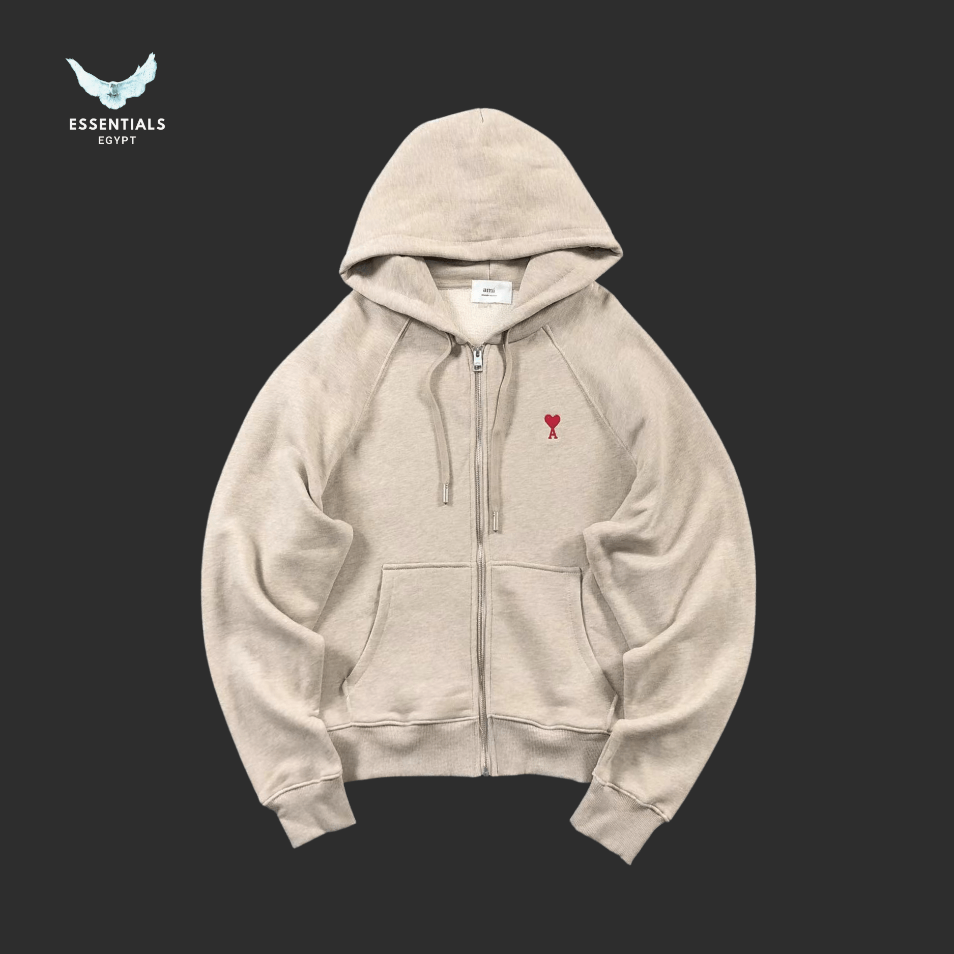 AMI Paris Hoodie – Washed Zip - Up with Heart Logo - ESSENTIALS EGYPT