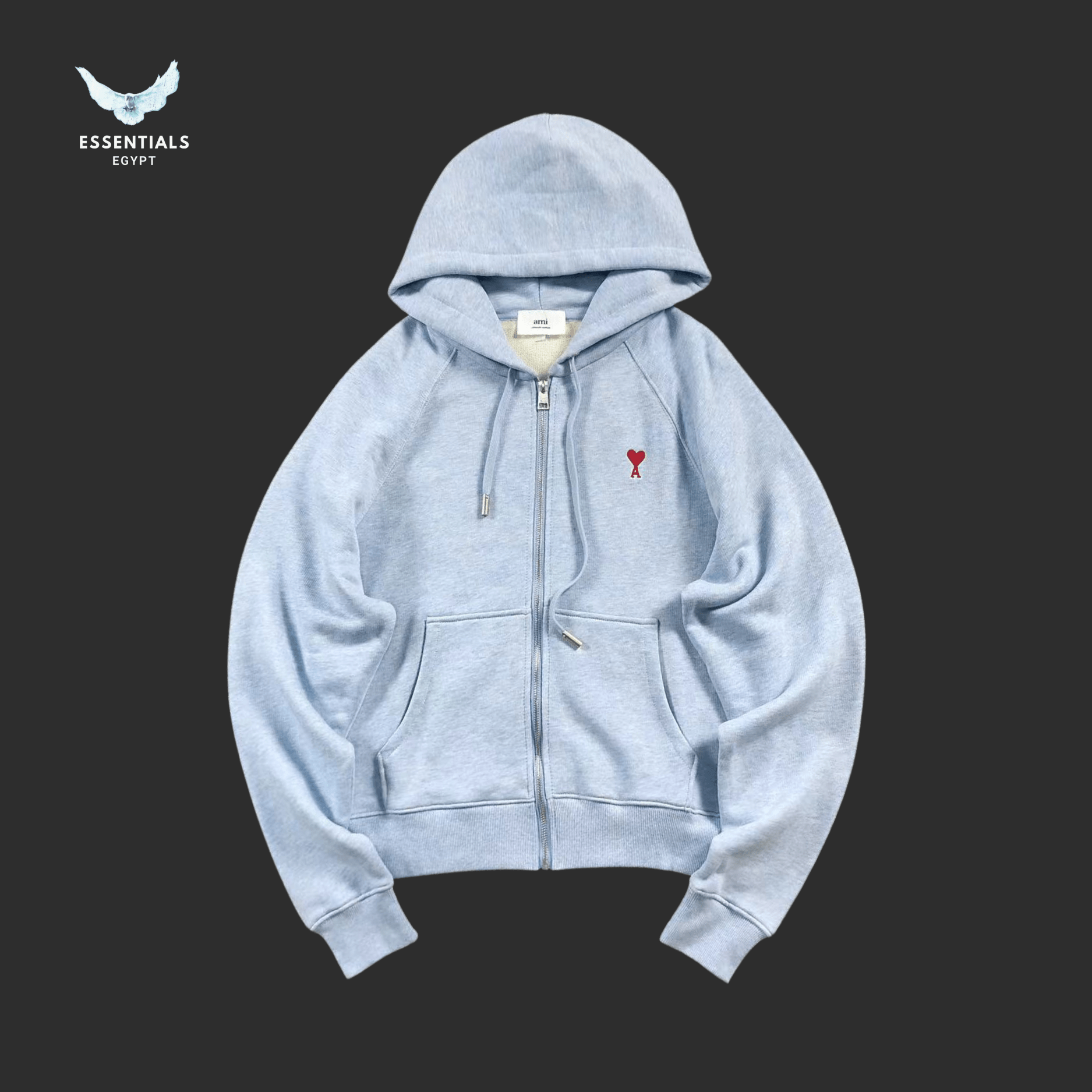 AMI Paris Hoodie – Washed Zip - Up with Heart Logo - ESSENTIALS EGYPT