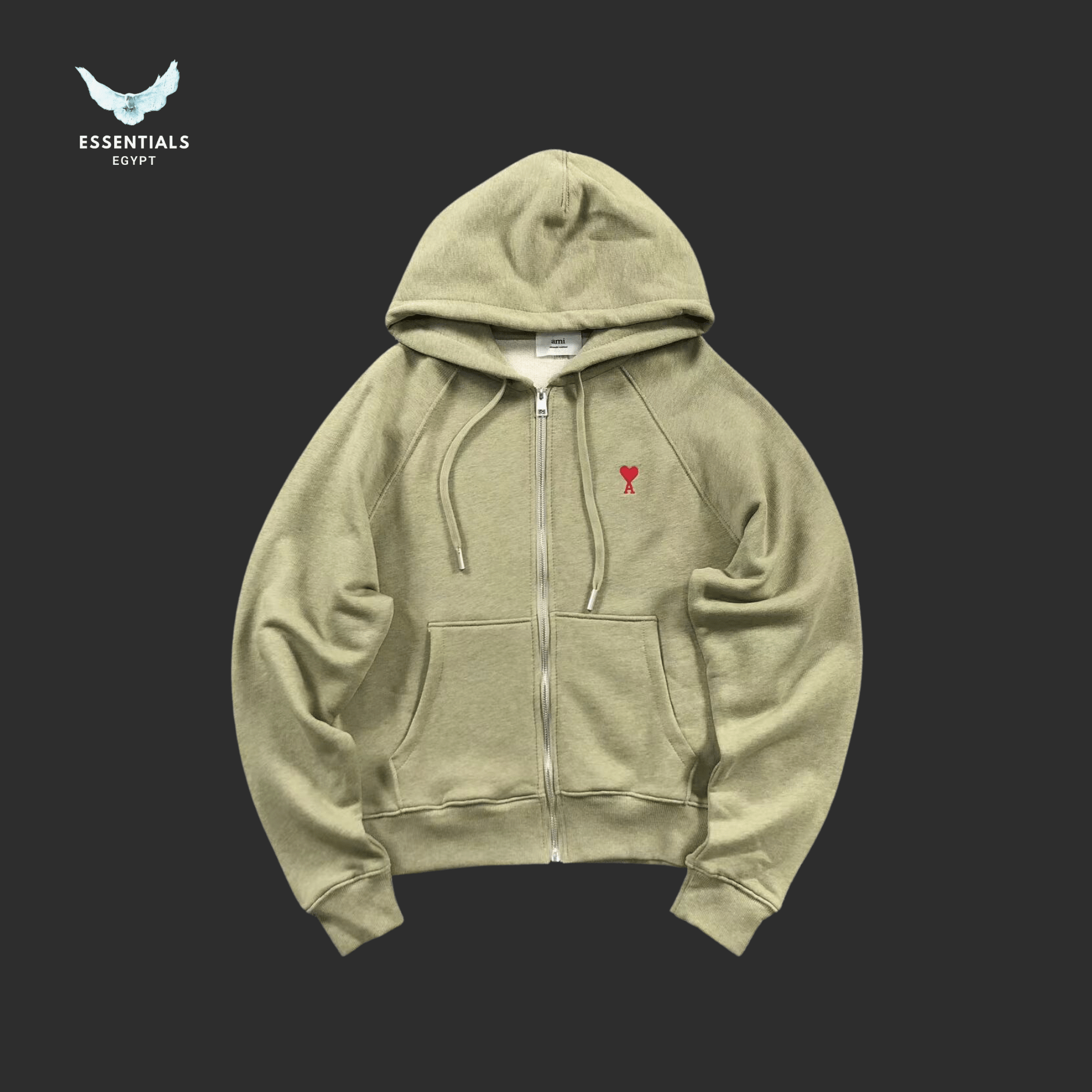 AMI Paris Hoodie – Washed Zip - Up with Heart Logo - ESSENTIALS EGYPT