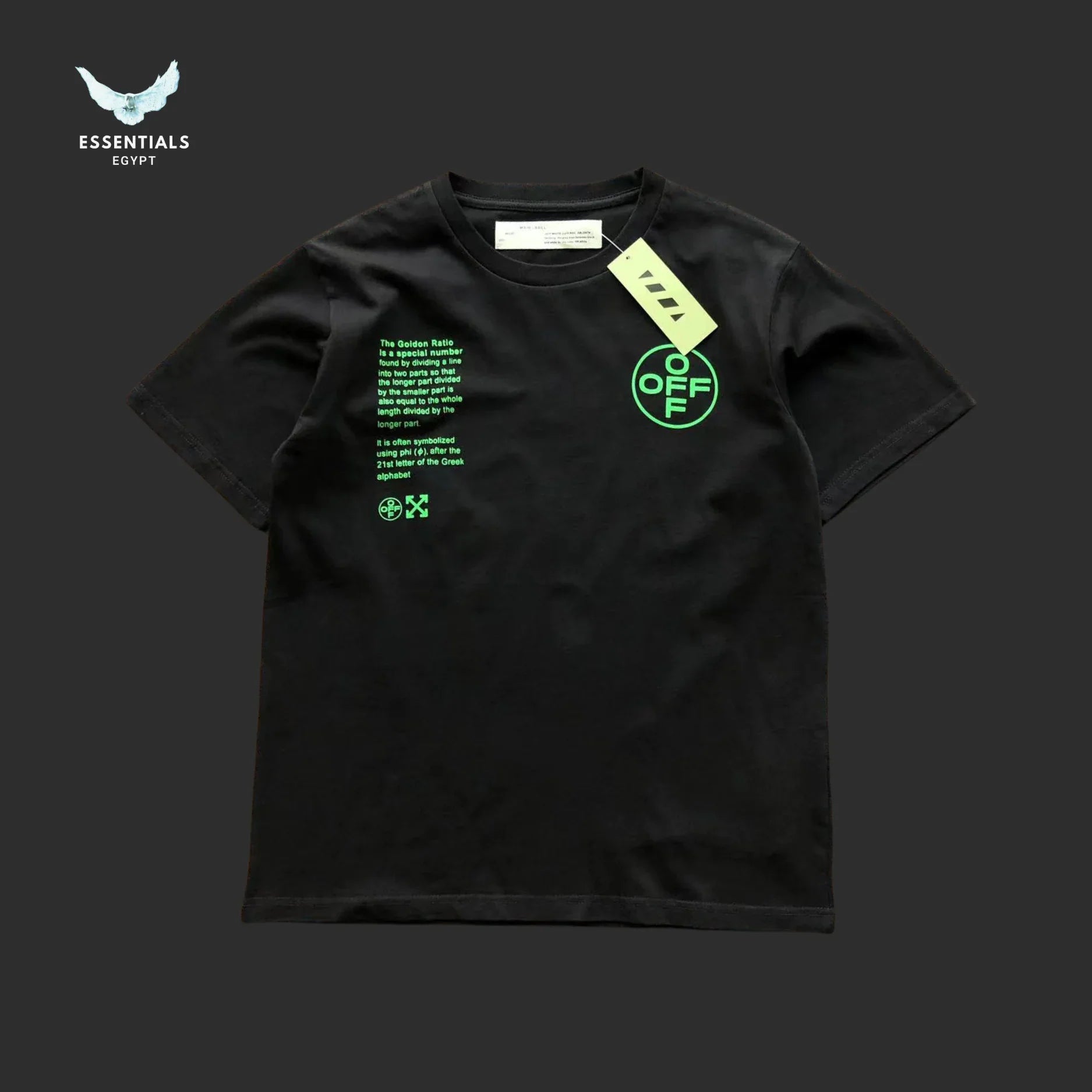 Off - White Green Text Label Tee – Black - ESSENTIALS EGYPT