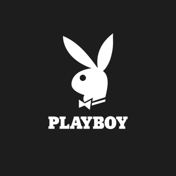 Playboy logo with a white rabbit wearing a bow tie on a black background