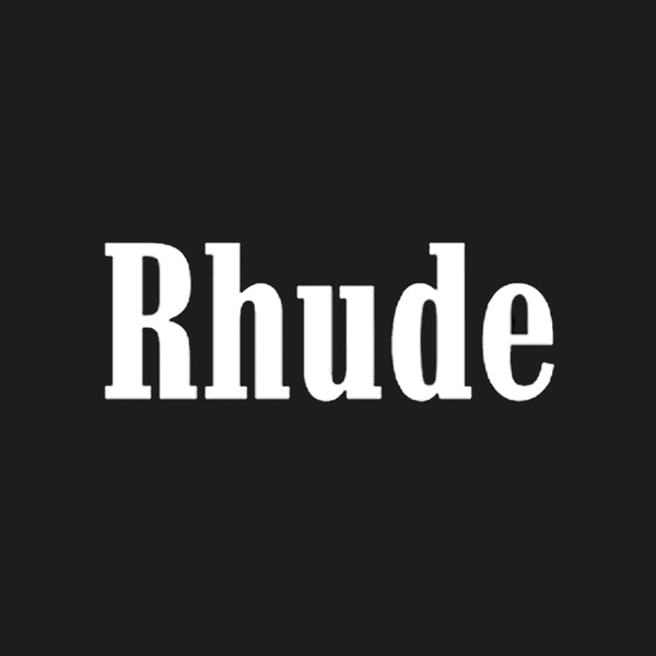 White 'Rhude' logo on a black background