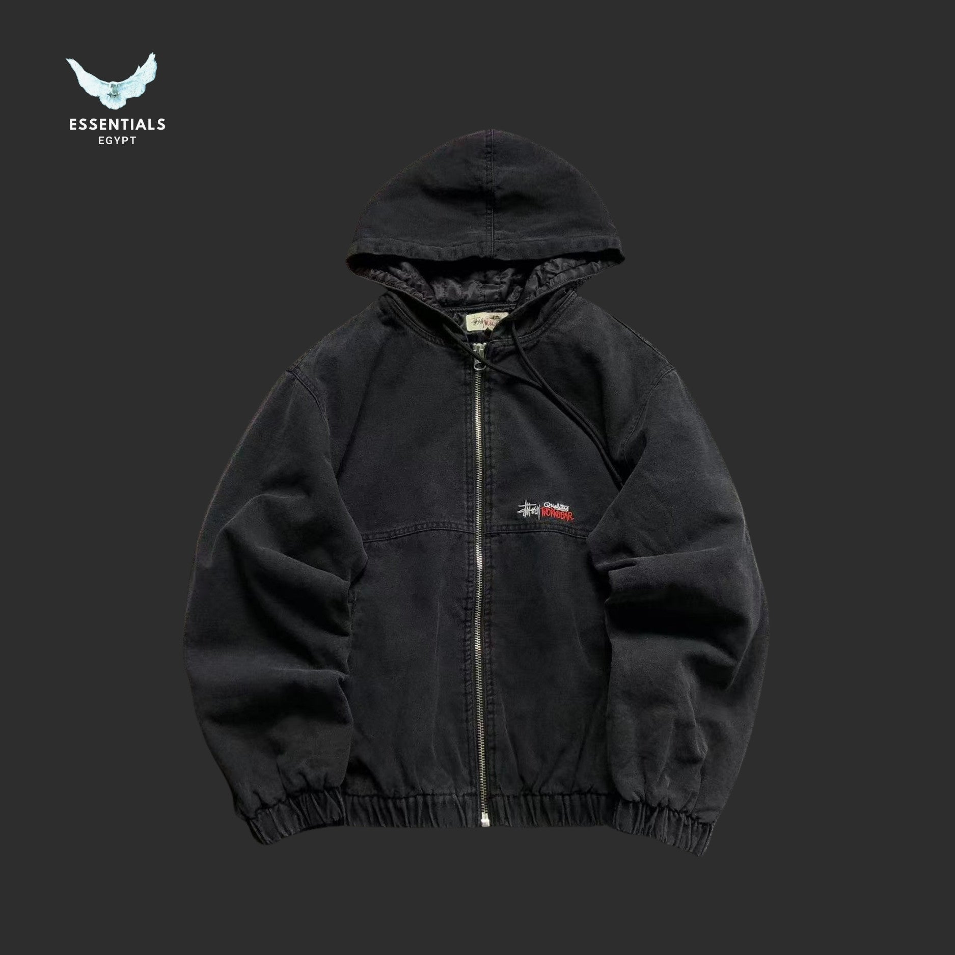 Stussy zip hooded jacket in black with embroidered front detail