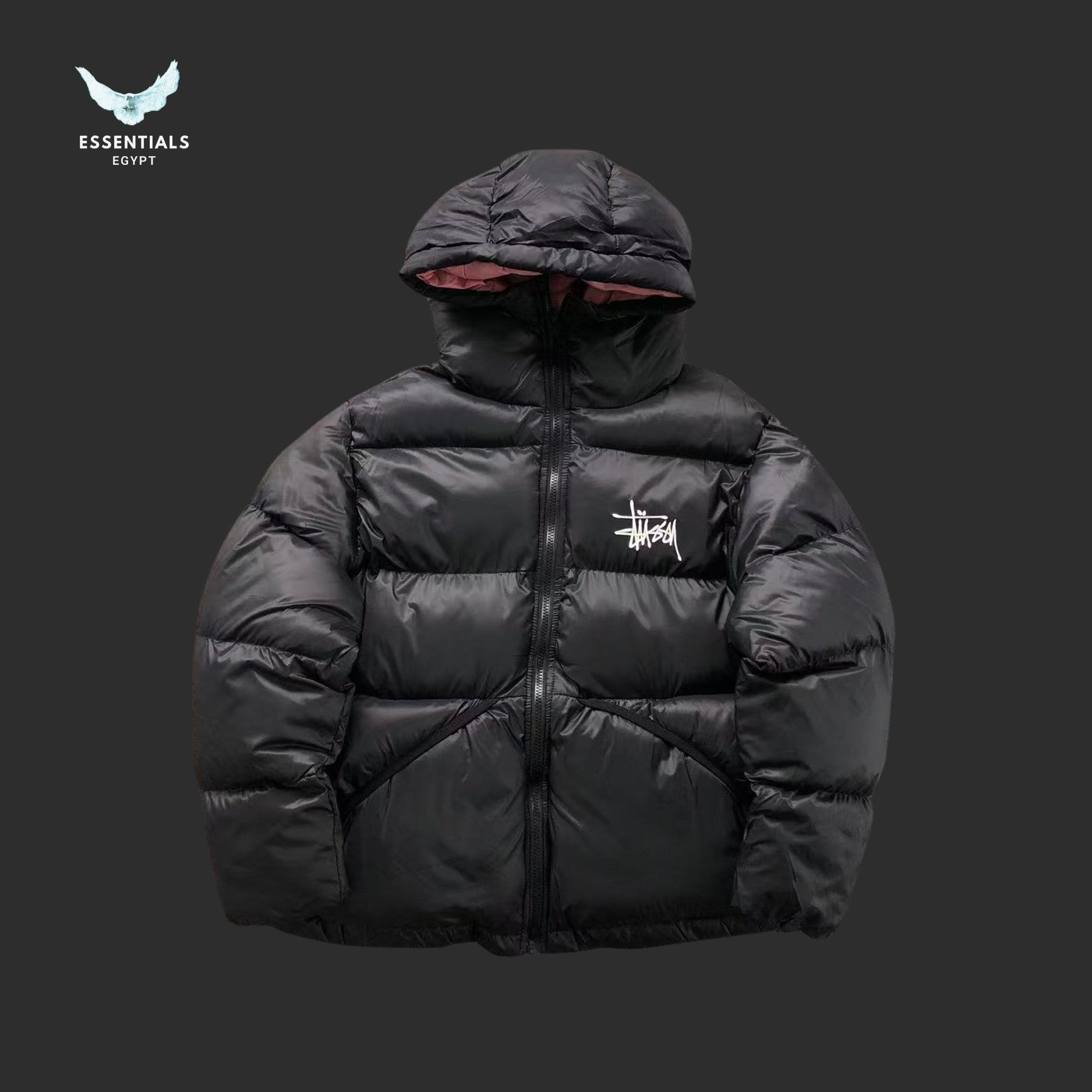 Stussy hooded puffer parka with chest logo and zip front