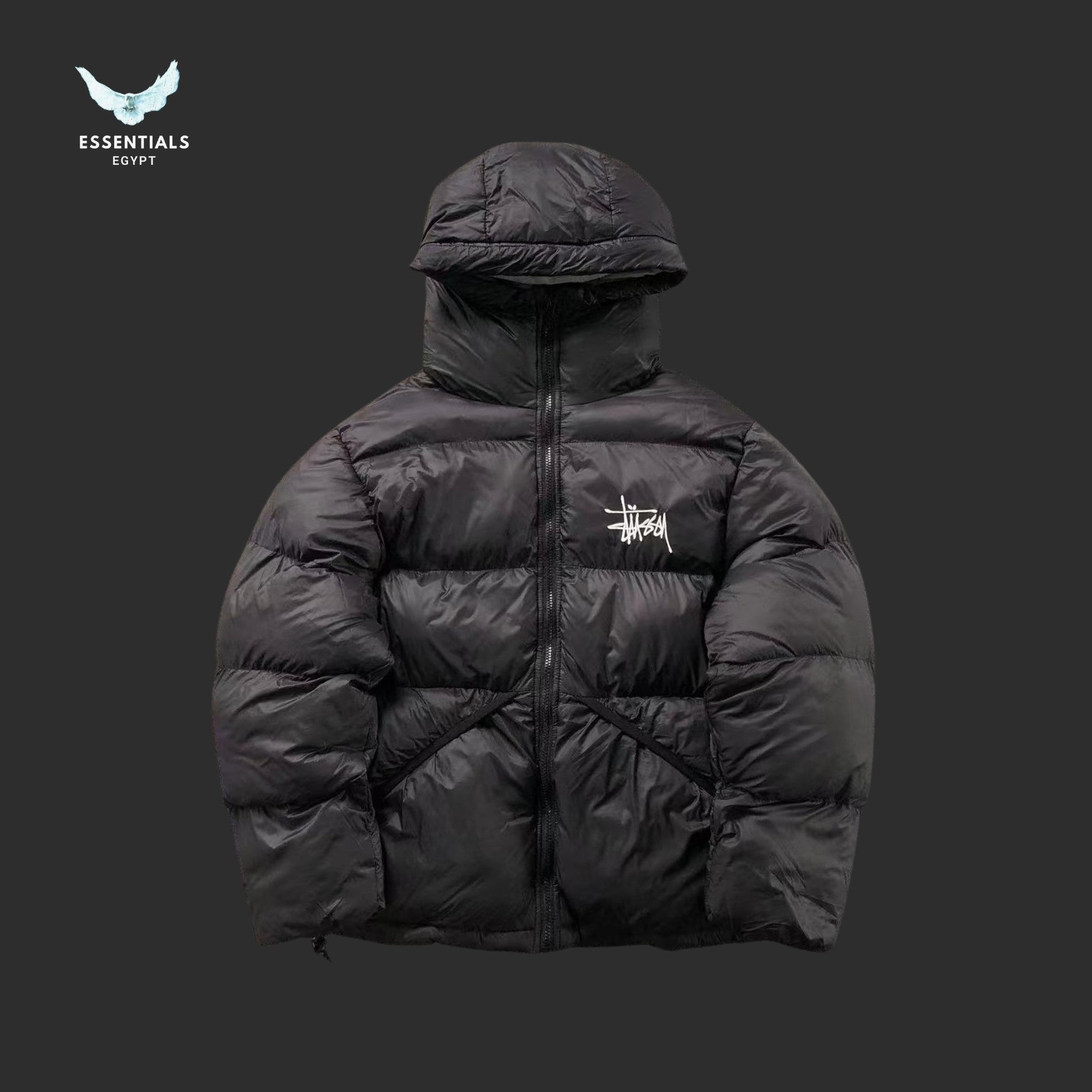 Stussy black down parka jacket with padded ripstop outer shell