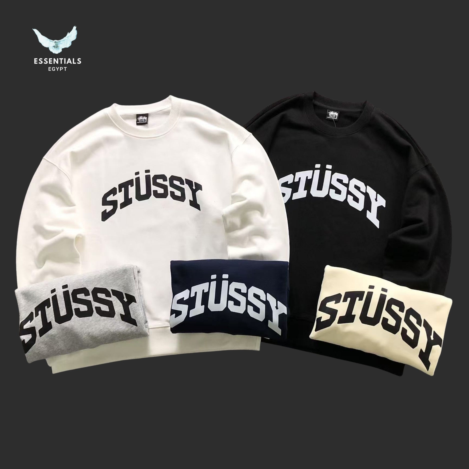 White, black, and navy Stussy sweatshirts with brand logo on a dark background.