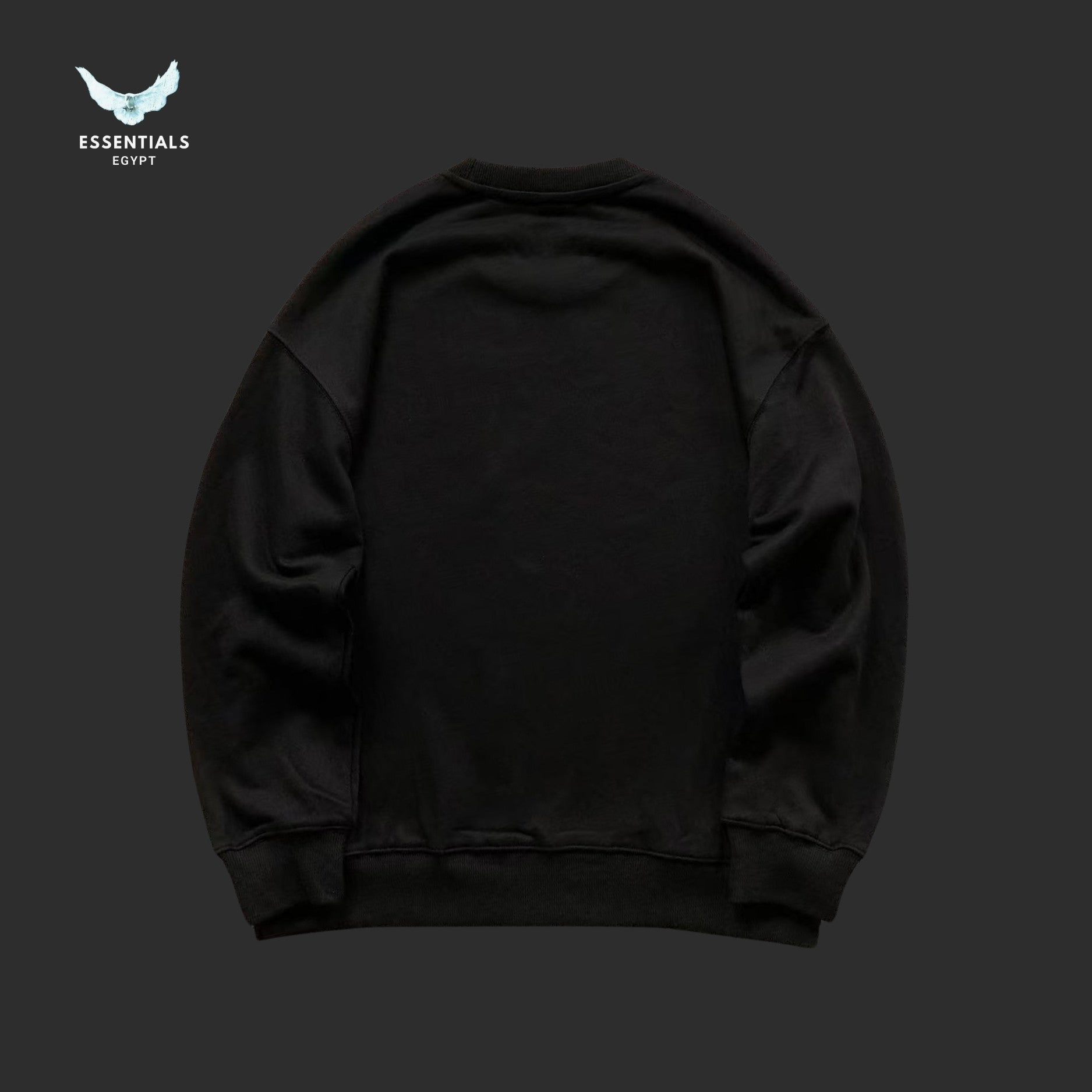 Black sweatshirt on a dark gray background with 'Essentials Egypt' logo.