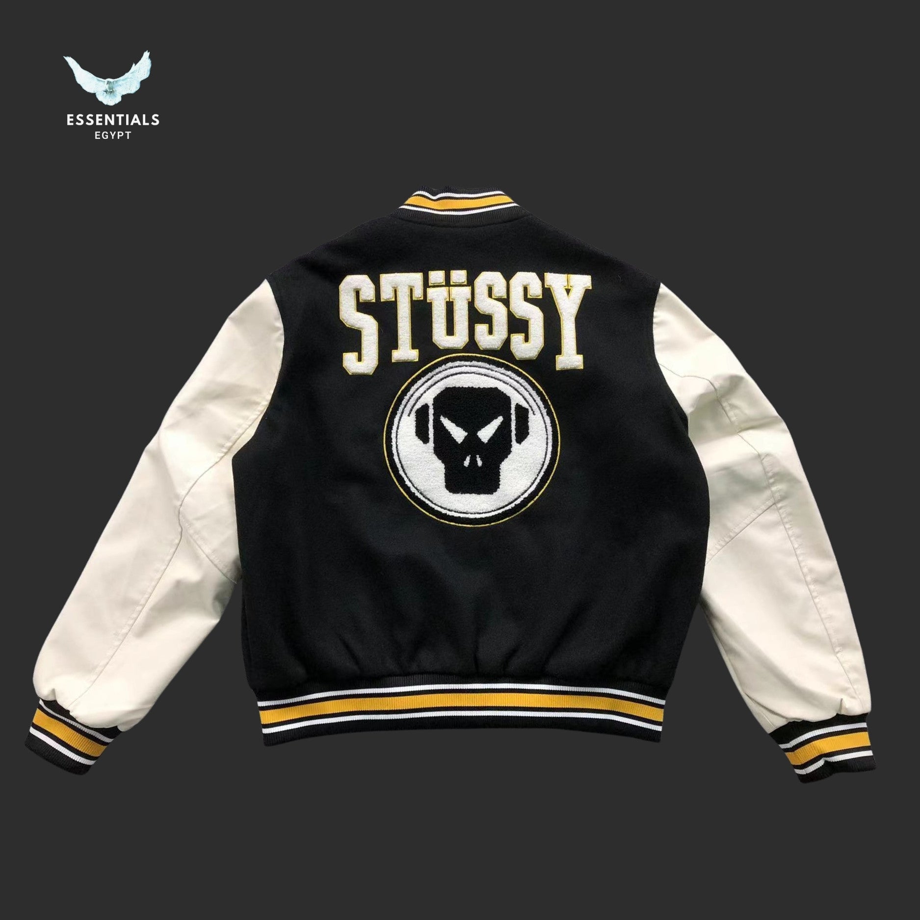 Stussy College Varsity Jacket 30 Patch in black with white sleeves