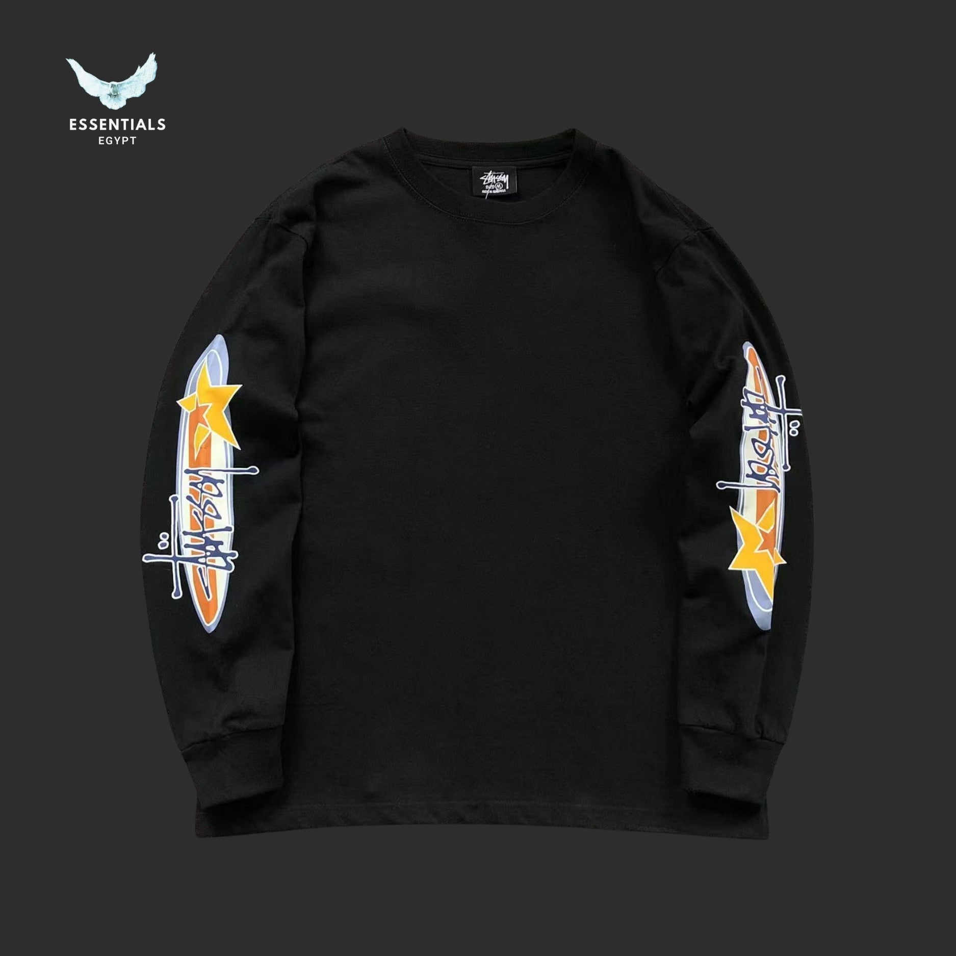 Stussy pigment dyed sweatshirt in black with bold star sleeve print