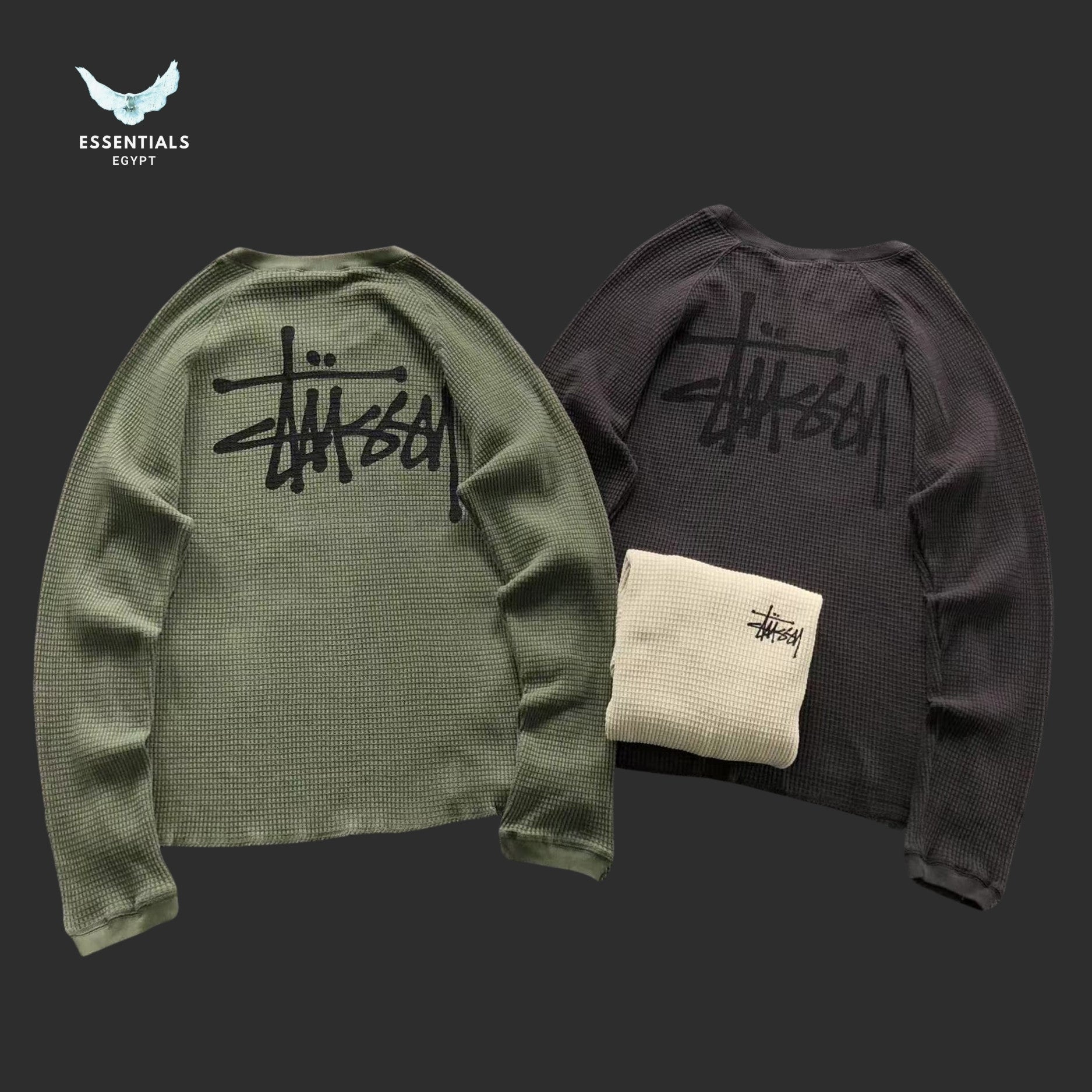 Stussy Raglan Thermal Basic Crewneck in olive with black back logo
