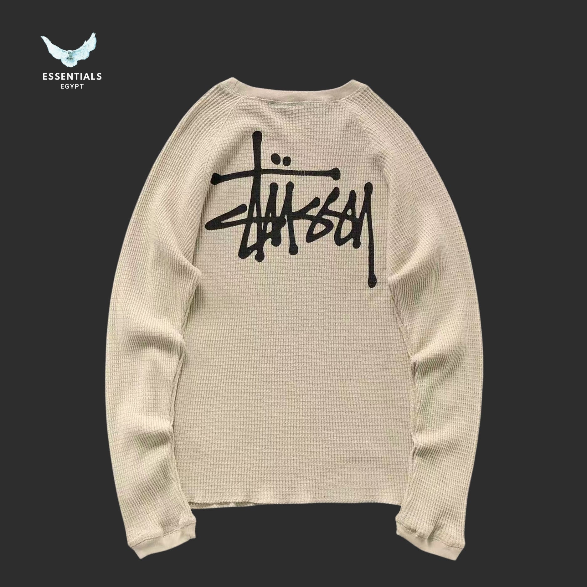 Stussy waffle knit crewneck sweatshirt in olive and dark grey