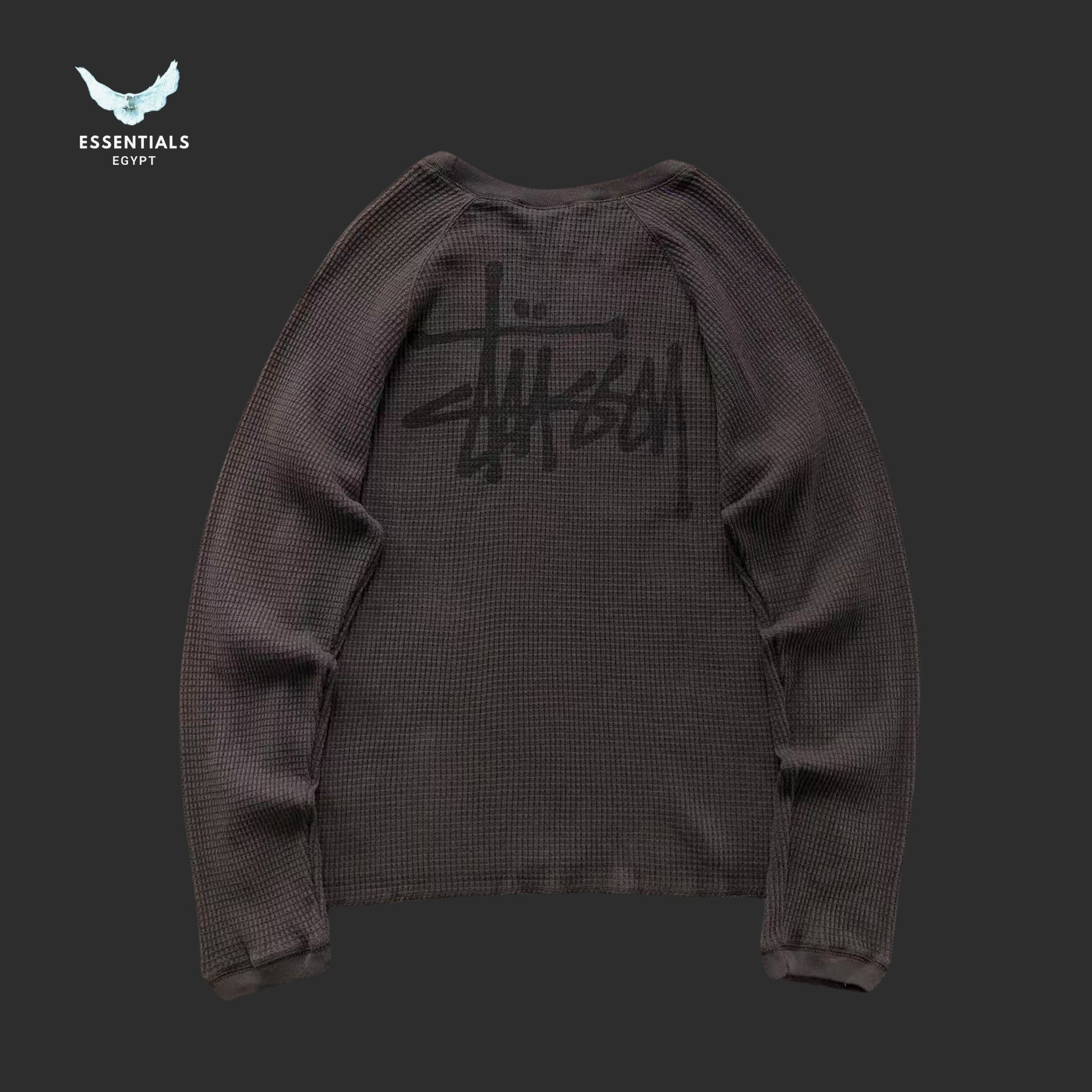 Back view of Stussy thermal crewneck with large signature logo