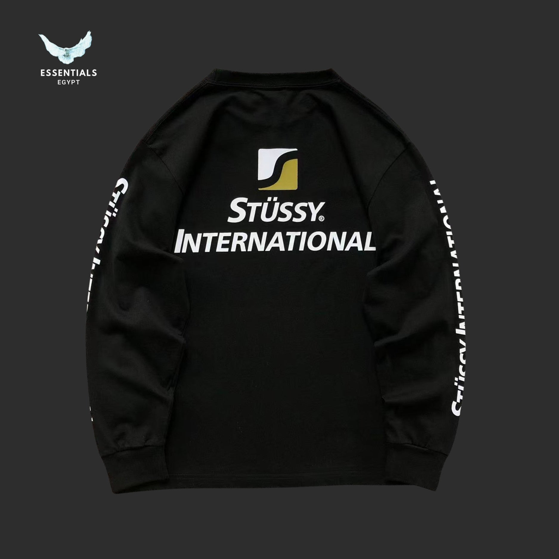 Stussy International long-sleeve tee in black with chest and sleeve print