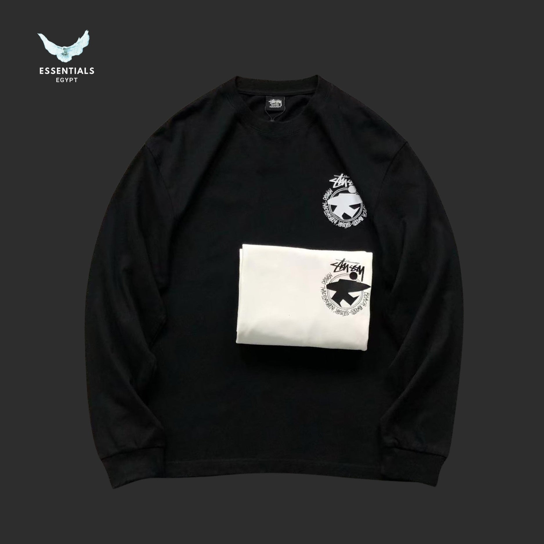 Black sweatshirt with white logo on a dark background