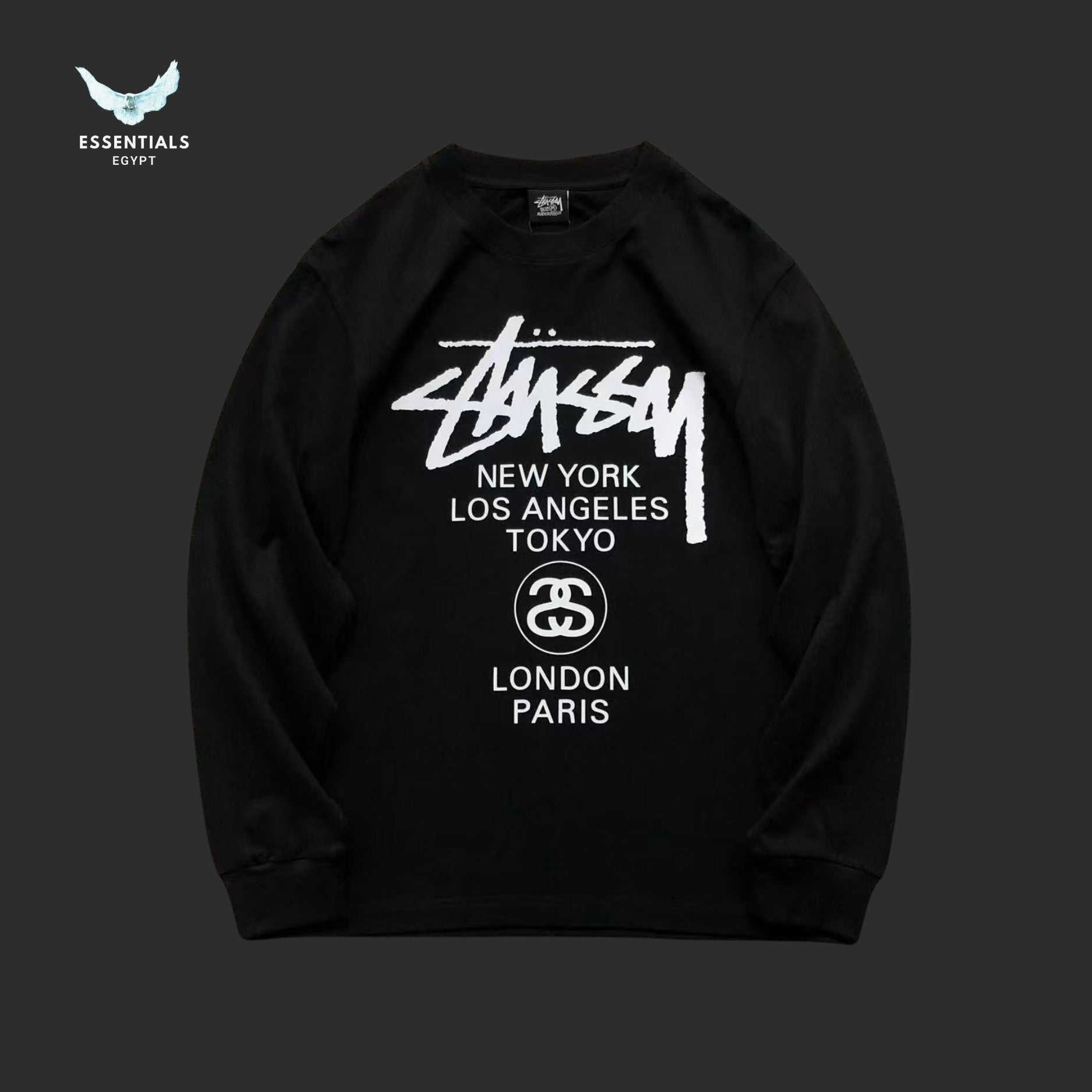 Stussy World Tour long sleeve sweatshirt in black with large back graphic