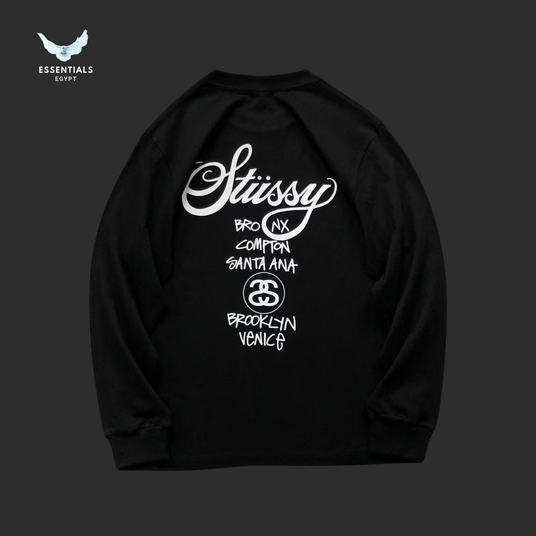 Front and back view of Stussy World Tour long sleeve sweatshirt