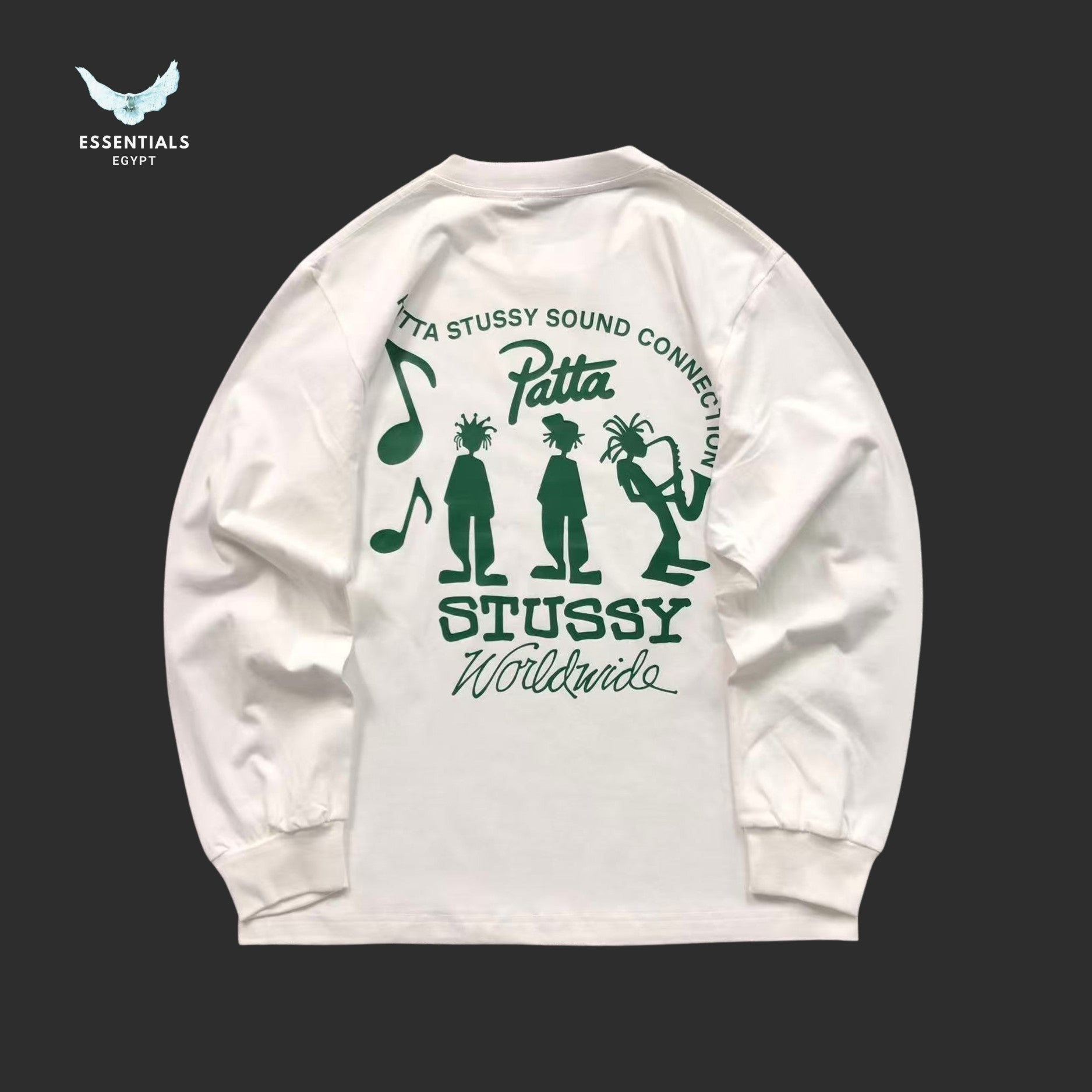 Back view of Stussy x Patta Sound Connection sweatshirt with music graphic