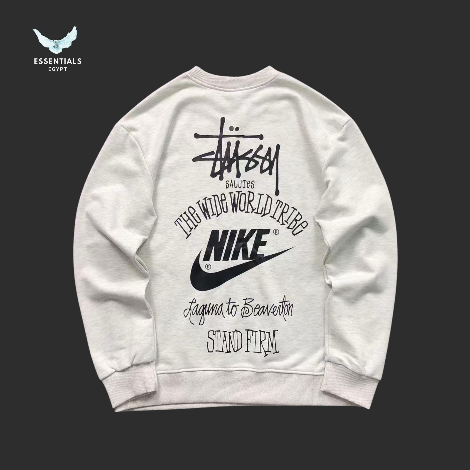 Back view of Stussy x Nike Wide World Tribe sweatshirt in grey