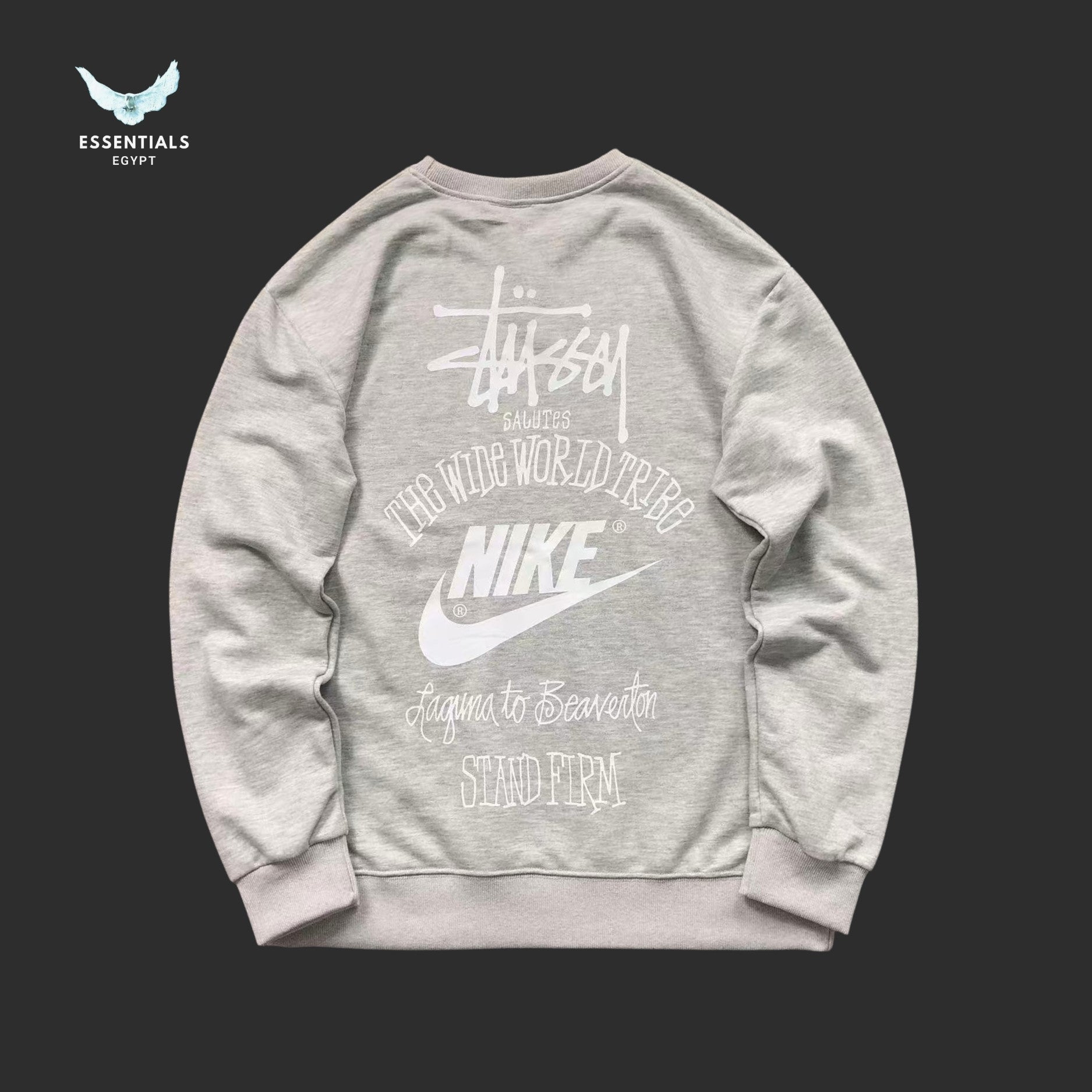 Stussy Nike graphic sweatshirt in navy, cream, white, grey, and red