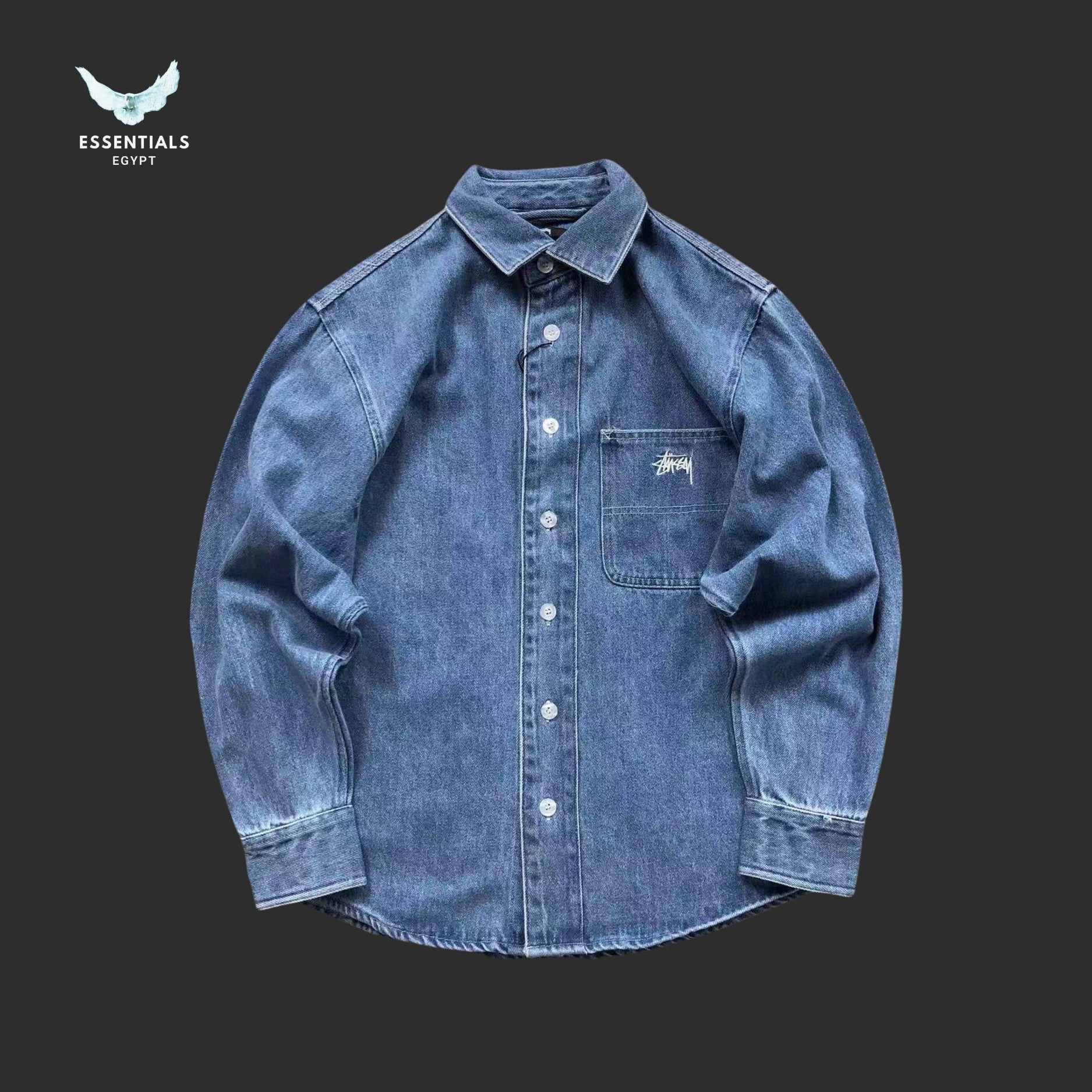 Stussy Denim Chore Jacket in blue with chest pocket logo