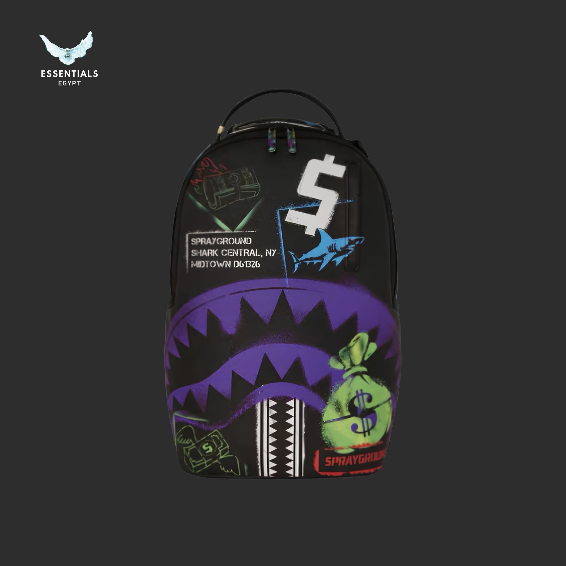 Sprayground Black Backpack — Purple Graffiti Shark with Money Bag