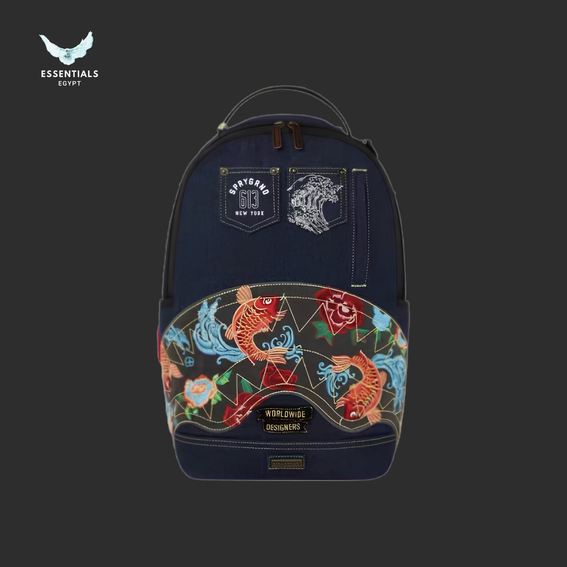 Sprayground Denim Backpack — Koi Fish Embroidered