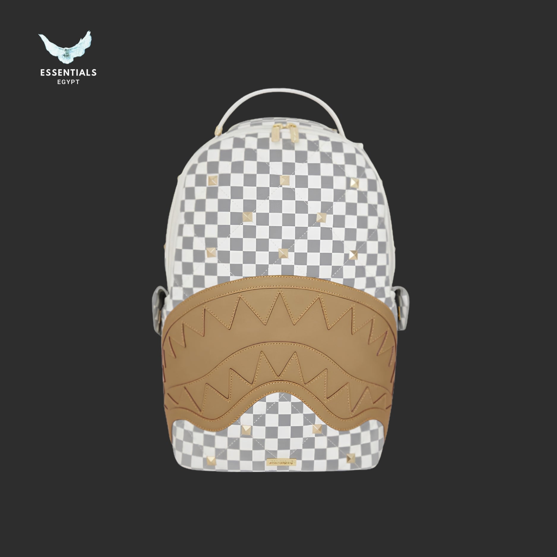 Sprayground Grey Checkered Backpack — Tan Shark Mouth with Gold Studs