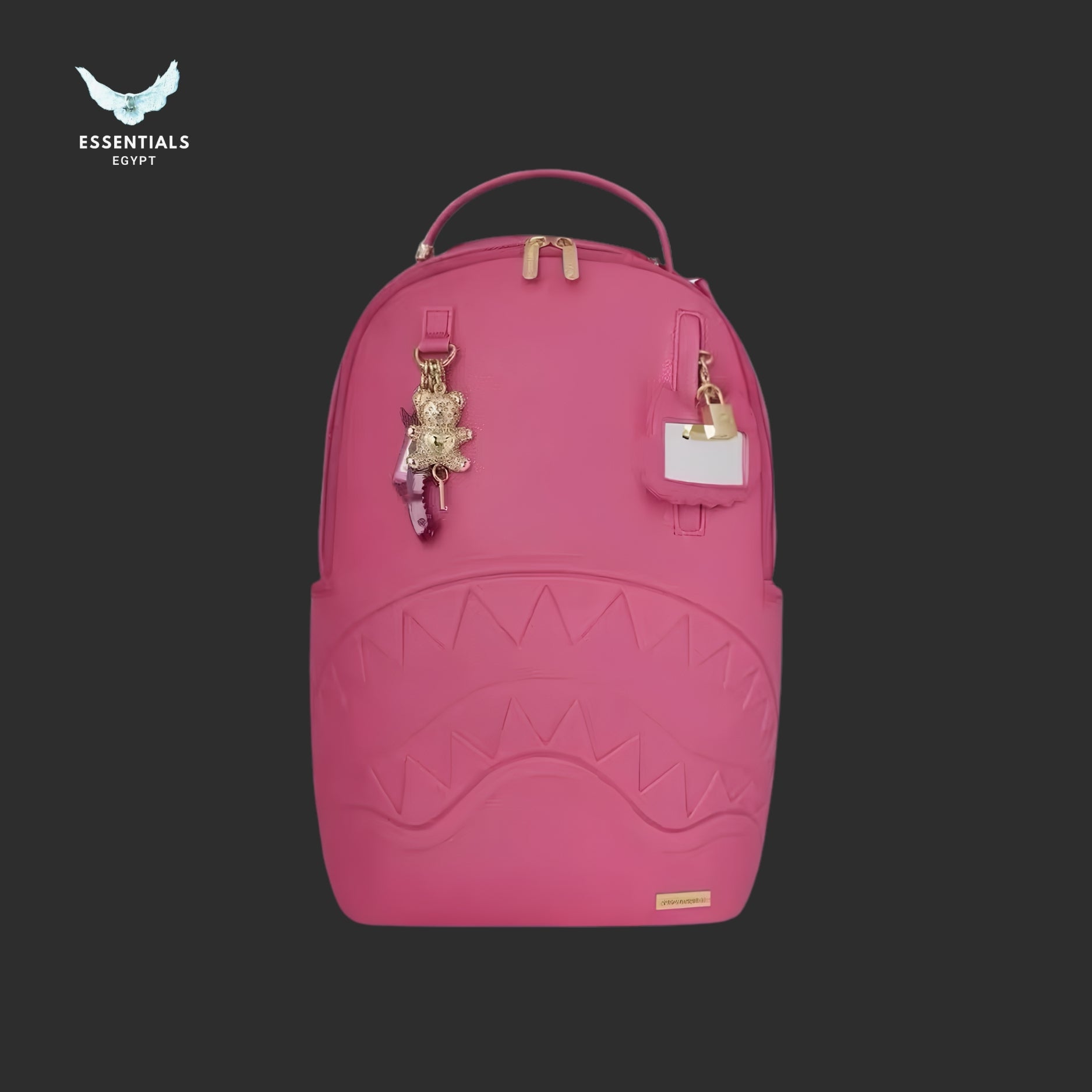 Sprayground _Shark Mouth_ Backpack — Pink (with teddy bear & padlock charms)